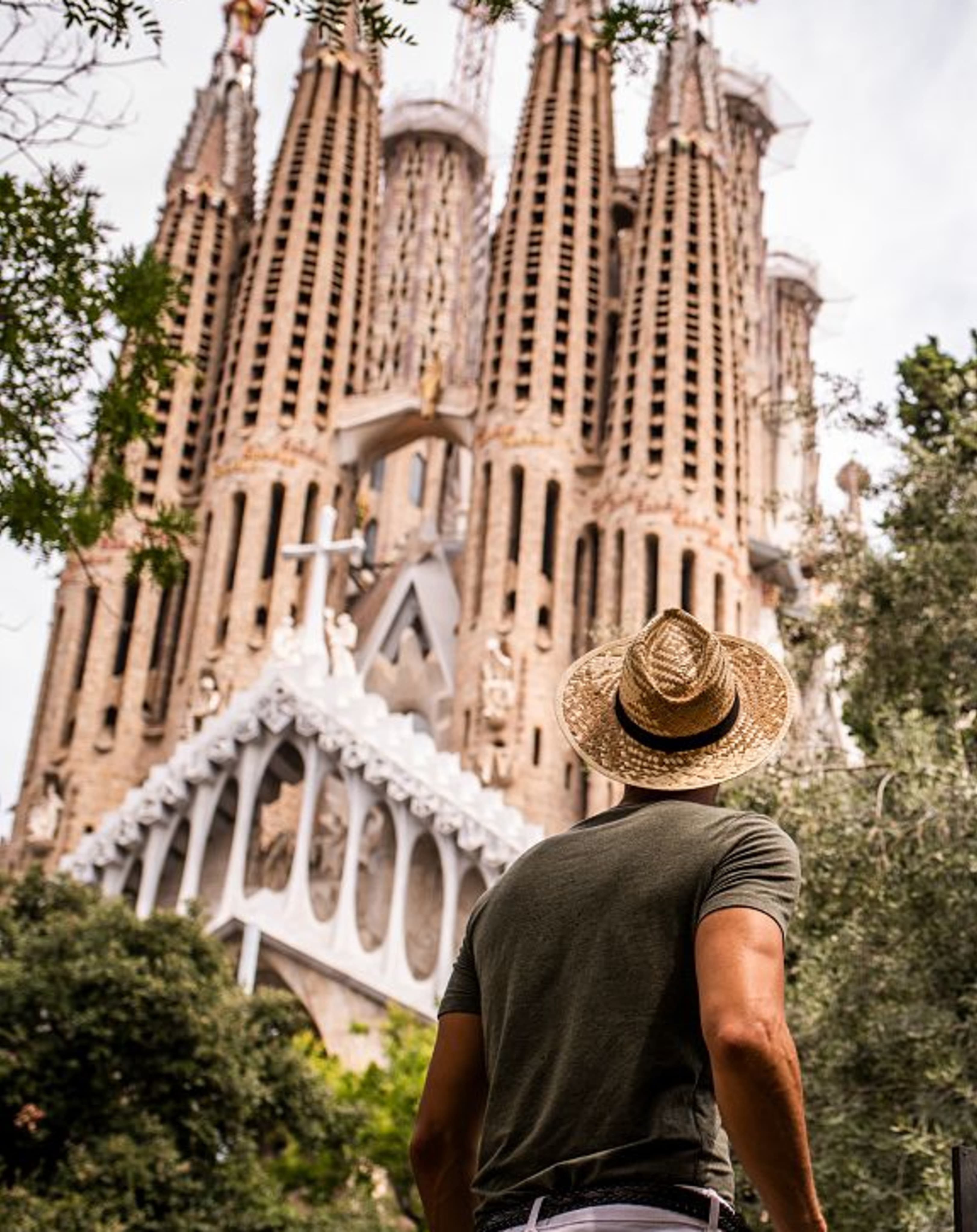 Traveler at architectural landmark